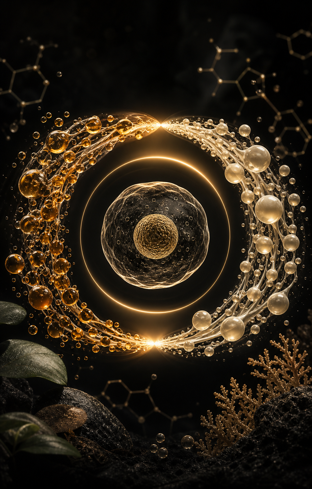Balanced amber and ivory lipid streams surrounding a luminous cell