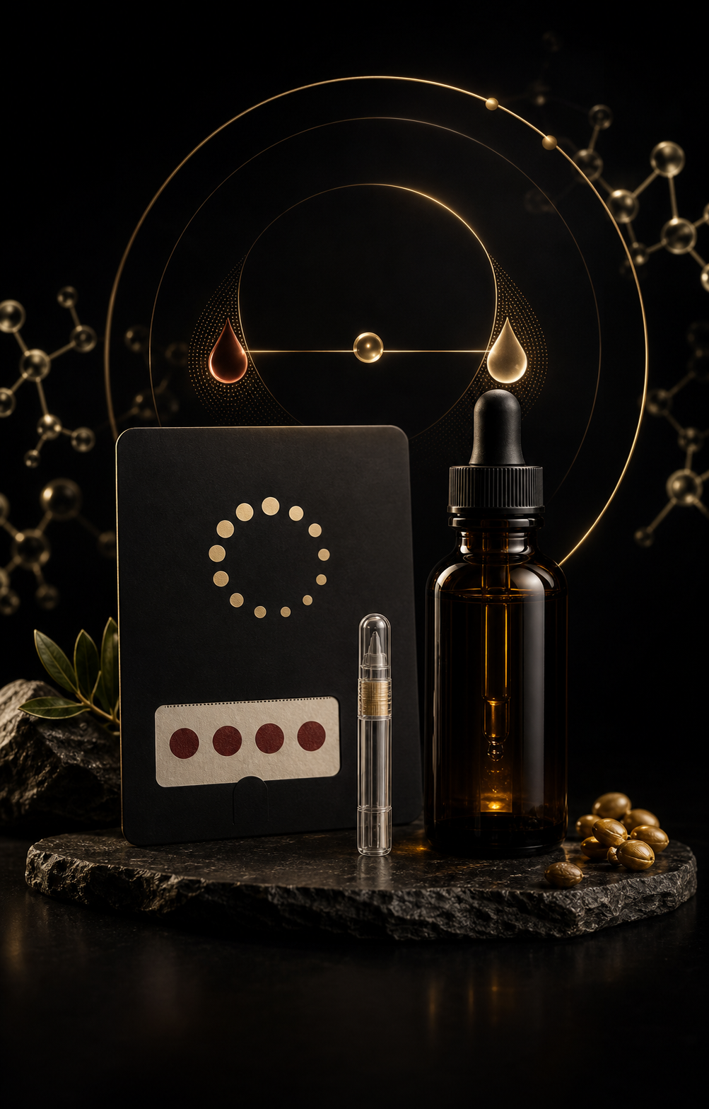 At-home testing kit and amber wellness oil arranged with golden balance rings