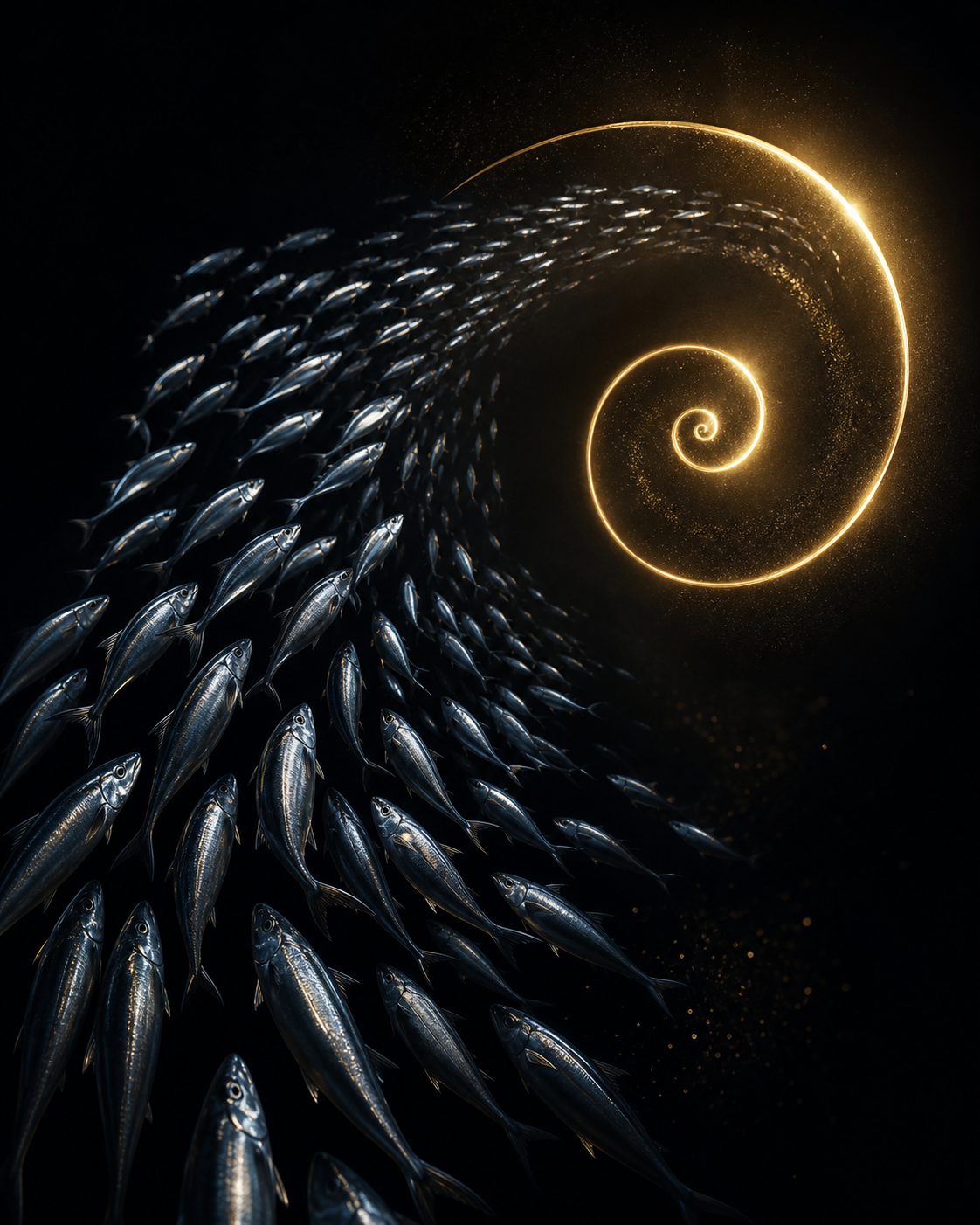 School of silver fish flowing toward a golden omega spiral