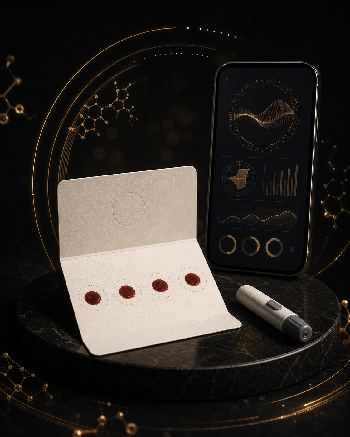 At-home blood spot test and digital results interface with golden analytics