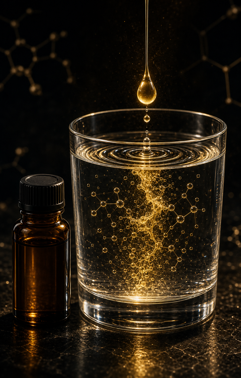Golden oil droplet dissolving into a glass of water