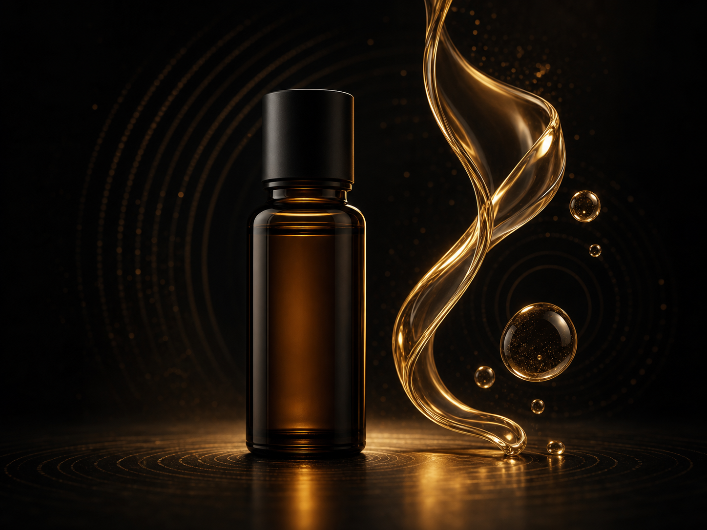 Premium amber wellness oil bottle with flowing golden oil