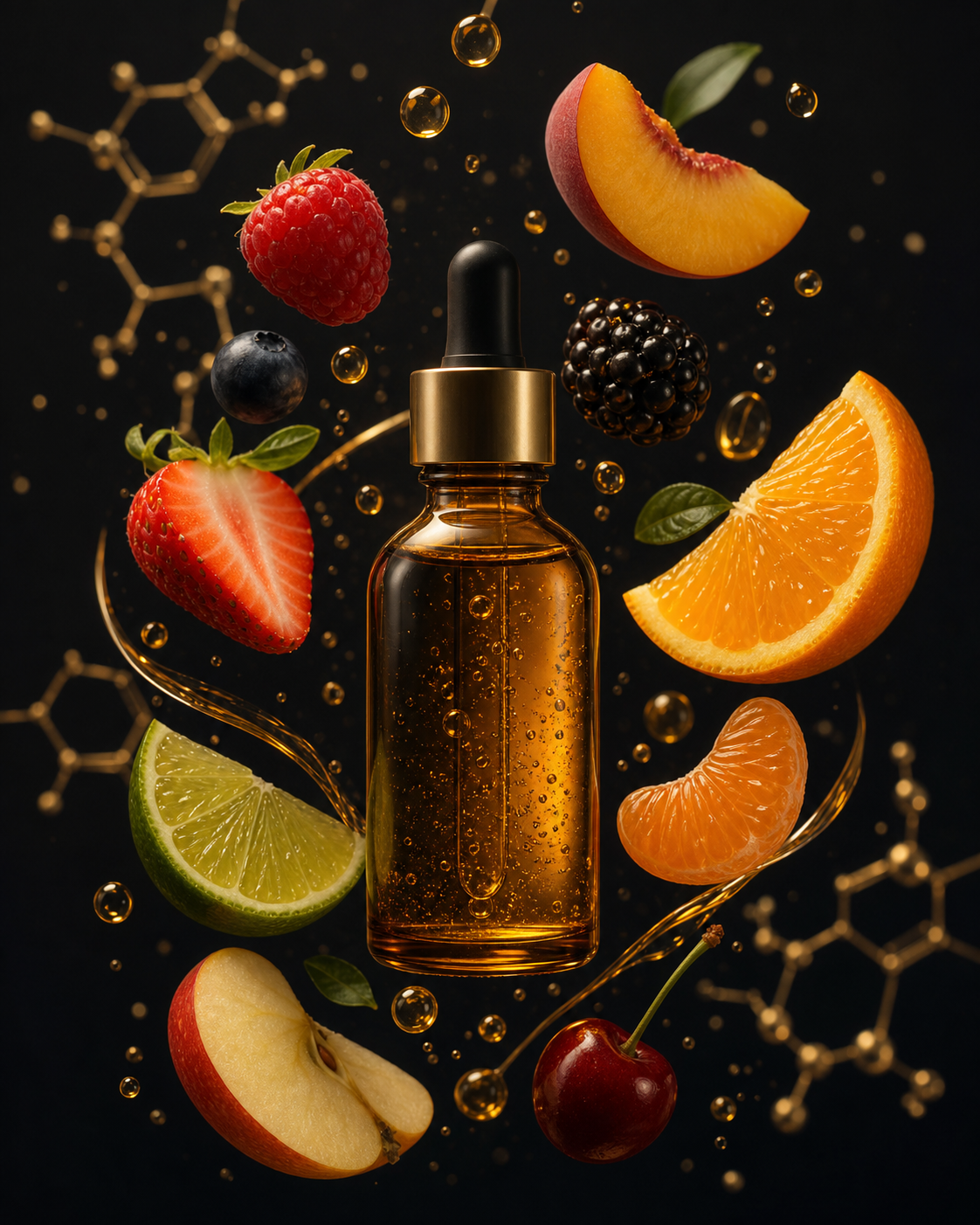 Amber wellness bottle surrounded by colorful fruit and golden droplets