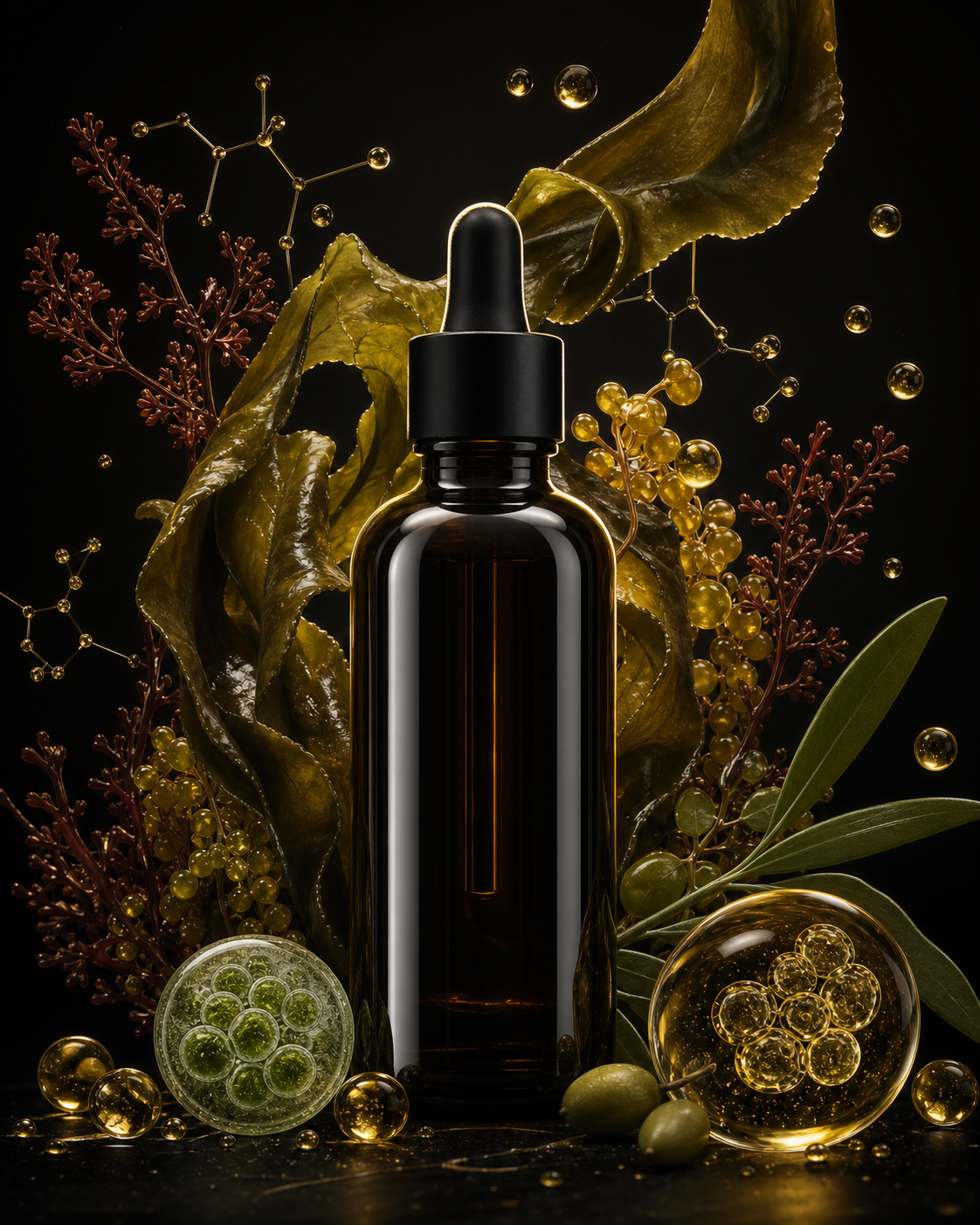 Amber wellness oil bottle with marine algae and olive botanicals