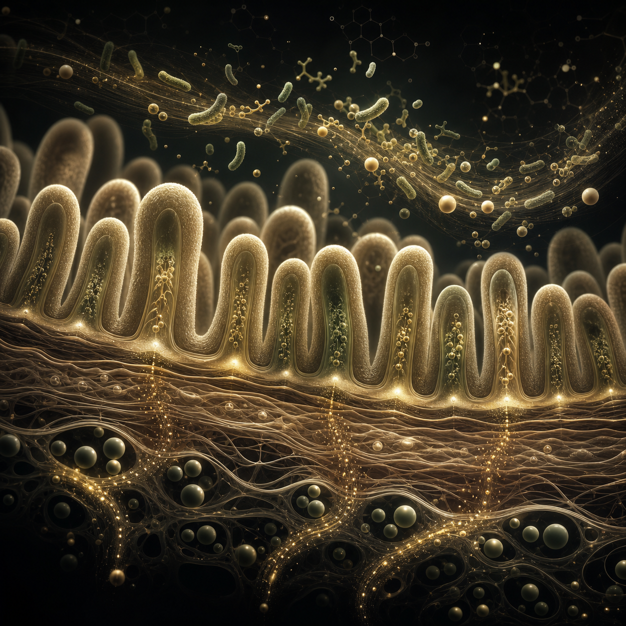 Champagne-gold visualization of the microbiome and intestinal villi