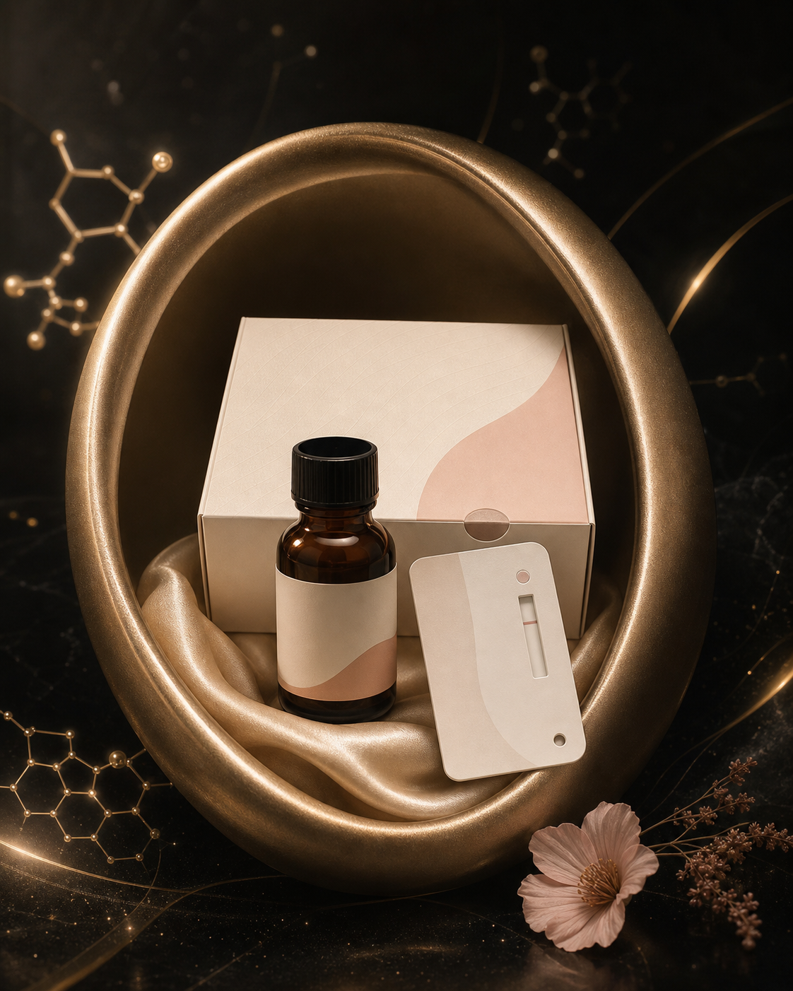 Refined maternity wellness kit arranged within a protective golden oval