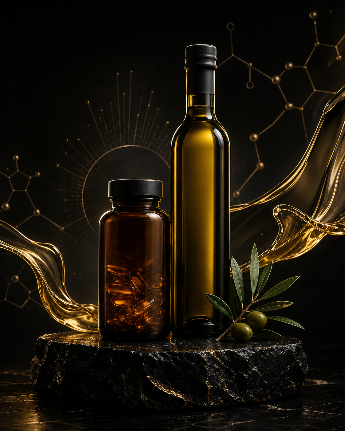 Premium paired wellness oils with olive branch and golden oil ribbons