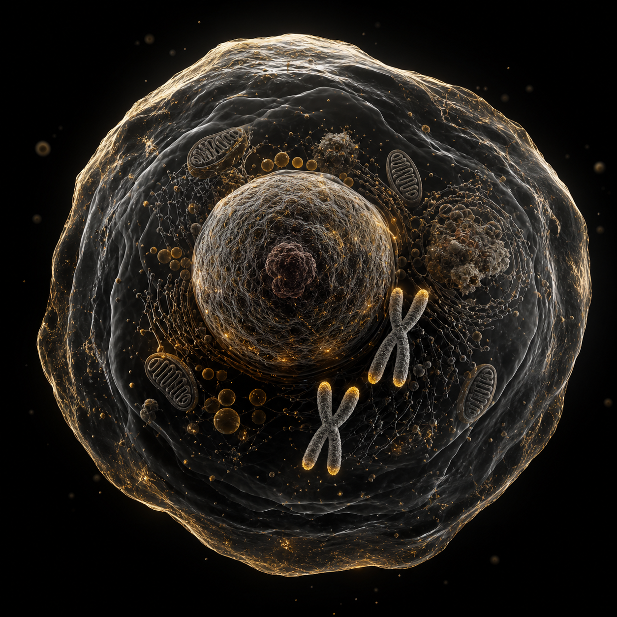 Detailed gold and charcoal visualization of cellular structures