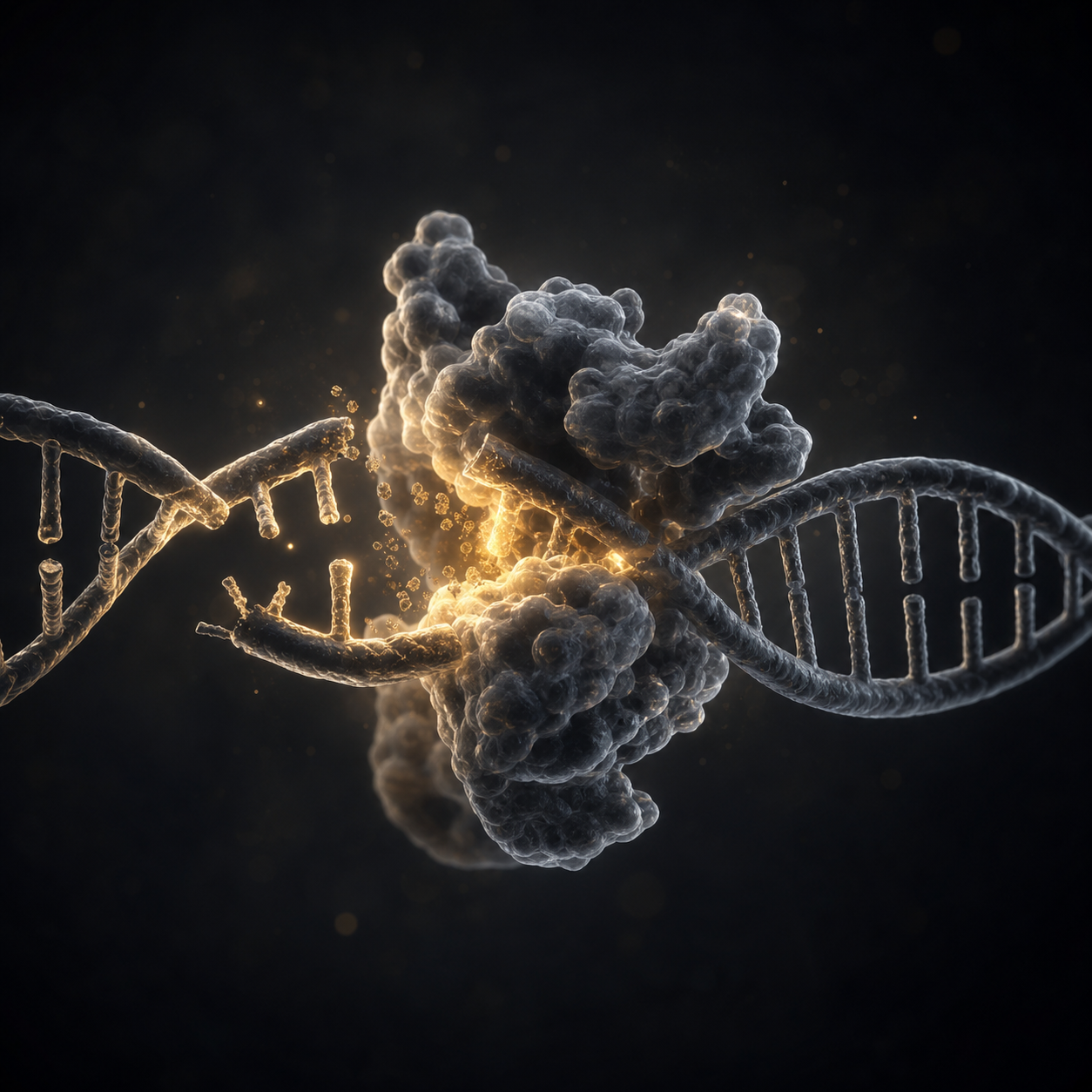 DNA repair mechanism represented in gold and charcoal