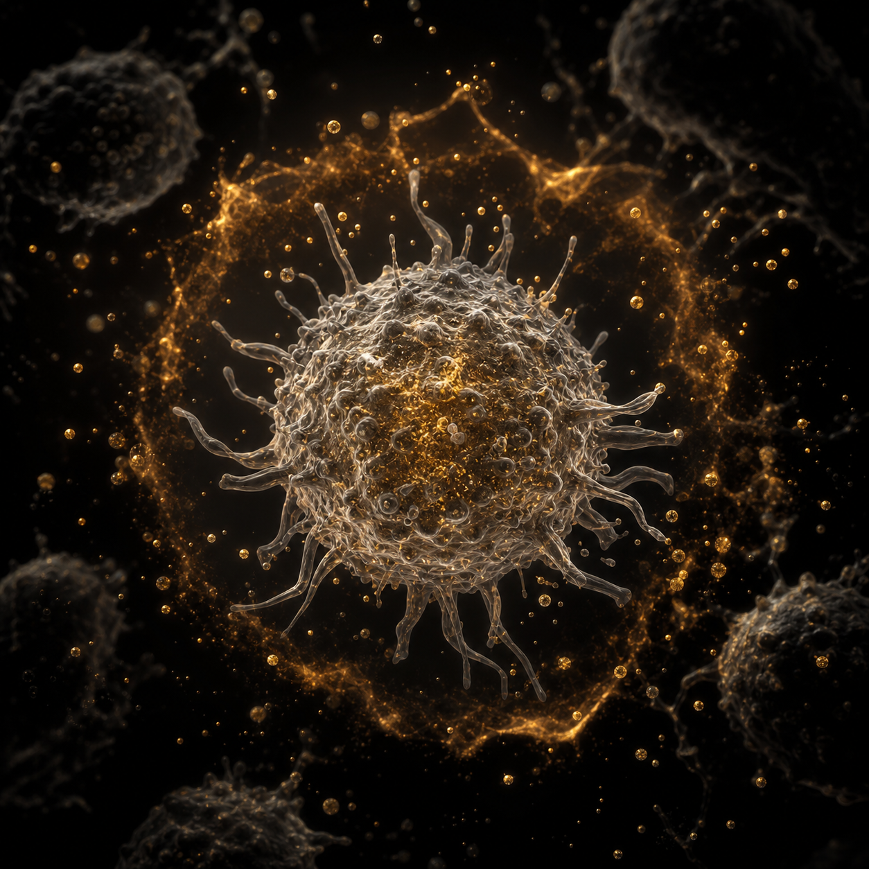 Gold immune-cell visualization against a dark scientific background