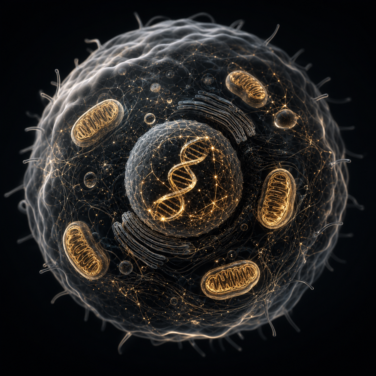 Gold cellular visualization representing microbiome and postbiotic pathways
